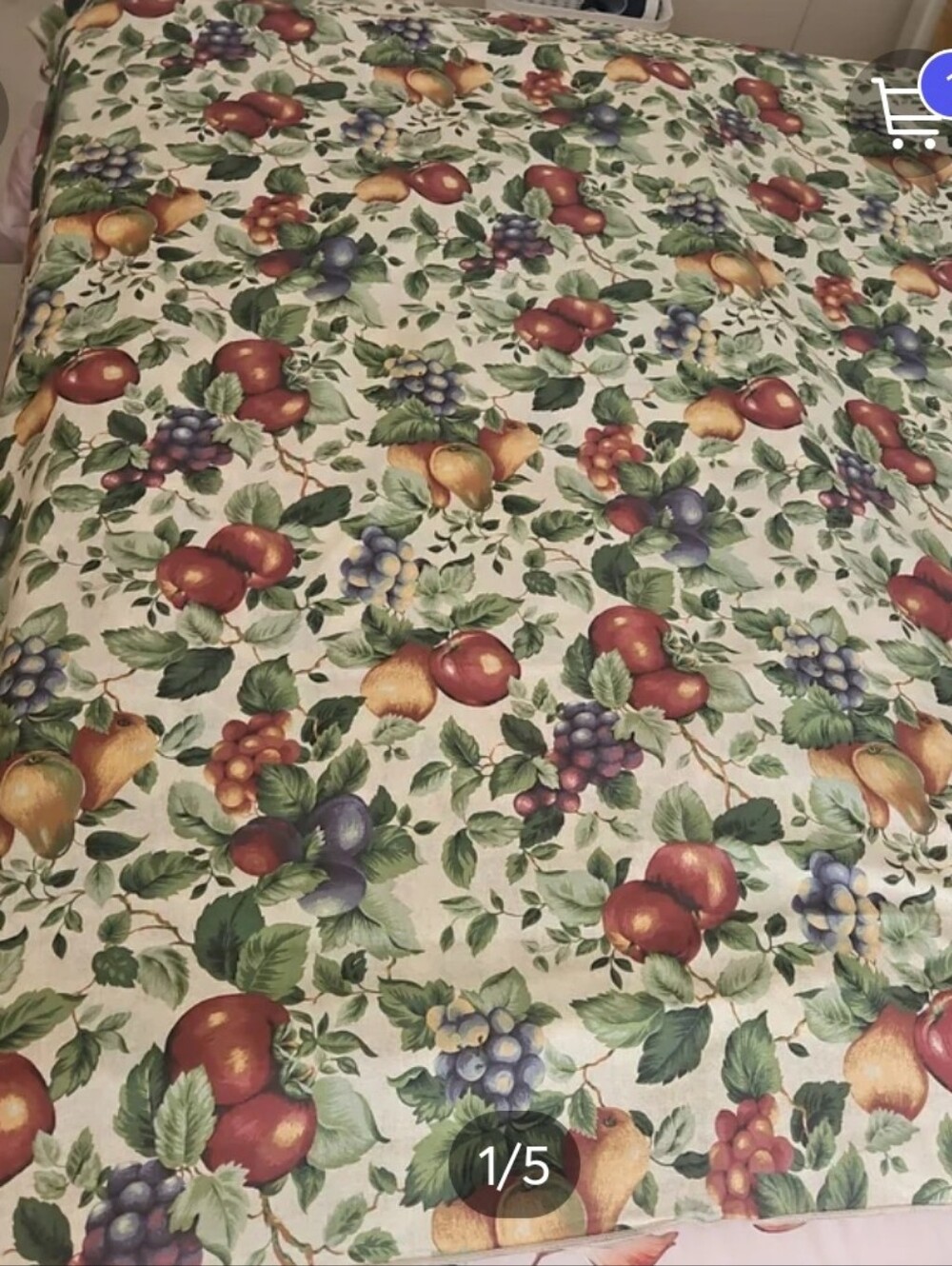 Vintage Fruit Print Tablecloth Fall Ready Grapes Apples Plums Green Leaves Beige